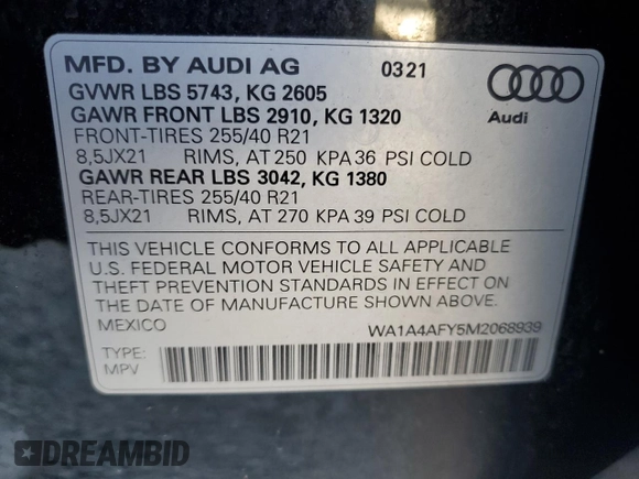 2021 Audi SQ5 Premium Plus with VIN WA1A4AFY5M2068939, listed as a Copart auction lot 77340614 with 0 mi miles and Non Repairable. Bid and sale history available at carsss.com. Image 13.