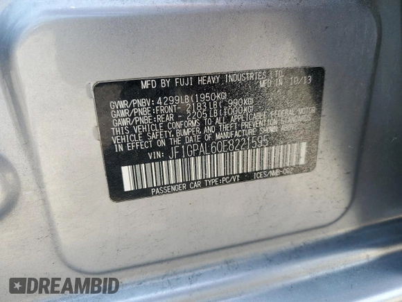 2014 Subaru Impreza Special Sports Premium with VIN JF1GPAL60E8221595, listed as a Copart auction lot 60916135 with 190,421 mi miles and Salvage title. Bid and sale history available at DreamBid. Image 12.