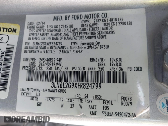 2014 Lincoln MKZ with VIN 3LN6L2G9XER824799, listed as a IAAI auction lot 41472656 with 148,582 mi miles. Bid and sale history available at carsss.com. Image 9.