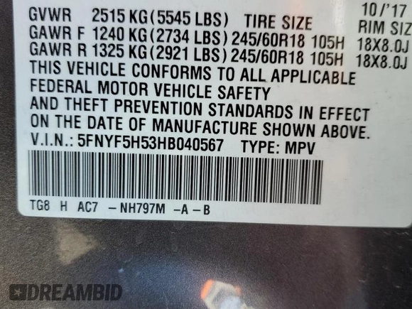 2017 Honda Pilot EX-L с VIN 5FNYF5H53HB040567, выставлен на аукционе Copart как лот 50331105 с пробегом Не указан миль и Списание • Salvage title. История ставок и продаж доступна на DreamBid. Изображение 13.