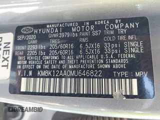 2021 Hyundai Kona SE with VIN KM8K12AA0MU646822, listed as a IAAI auction lot 41884489 with 86,916 mi miles and . Bid and sale history available at DreamBid. Image 9.