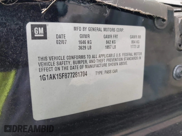 2007 Chevrolet Cobalt LS with VIN 1G1AK15F877281704, listed as a IAAI auction lot 42135722 with 81,105 mi miles and . Bid and sale history available at DreamBid. Image 9.
