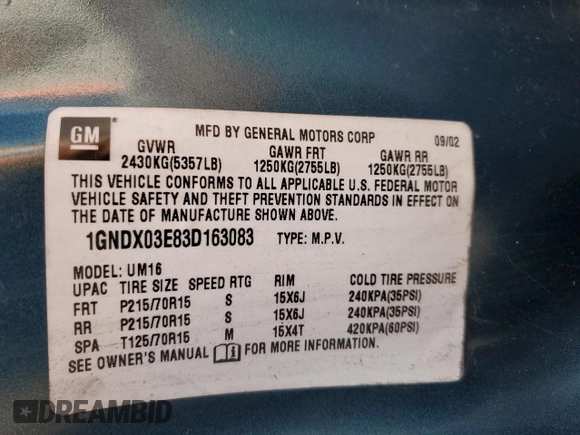 2003 Chevrolet Venture Y3G Mobility z VIN 1GNDX03E83D163083, wystawiony jako Copart lot #85219854 z przebiegiem 165 776 mil mil oraz Szkoda całkowita • Salvage title. Historia ofert i sprzedaży dostępna na DreamBid. Obrazek 14.