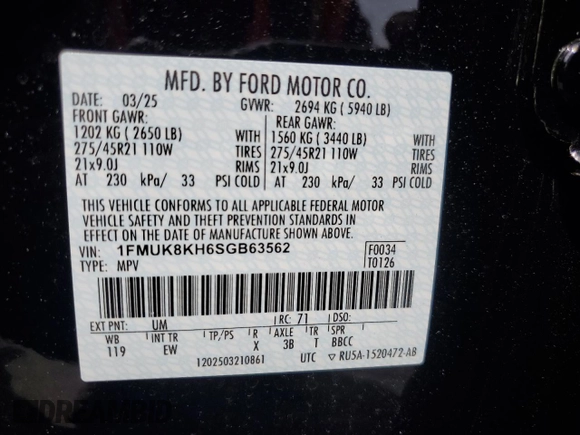 2025 Ford Explorer ST-Line with VIN 1FMUK8KH6SGB63562, listed as a Copart auction lot 56751205 with 709 mi miles and Clean title. Bid and sale history available at DreamBid. Image 13.