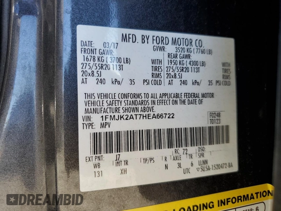 2017 Ford Expedition Max Limited with VIN 1FMJK2AT7HEA66722, listed as a Copart auction lot 58176425 with 108,191 mi miles and Salvage title. Bid and sale history available at DreamBid. Image 13.