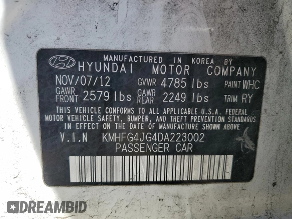 2013 Hyundai Azera with VIN KMHFG4JG4DA223002, listed as a Copart auction lot 54886085 with 164,125 mi miles and Clean Title. Bid and sale history available at carsss.com. Image 12.