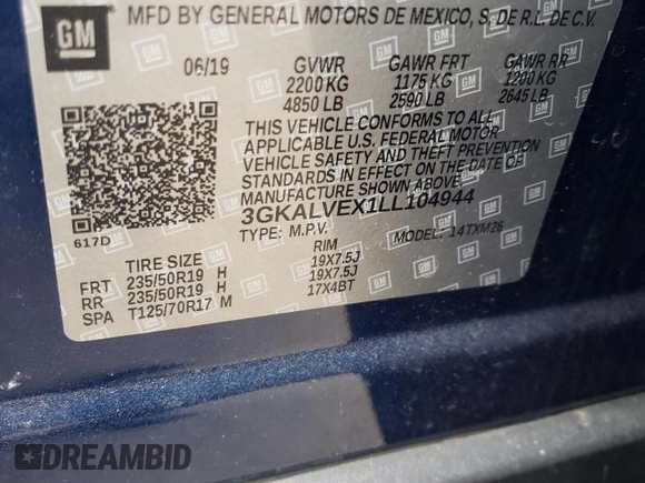 2020 GMC Terrain SLT with VIN 3GKALVEX1LL104944, listed as a Copart auction lot 46855375 with 82,783 mi miles and Salvage title. Bid and sale history available at DreamBid. Image 13.