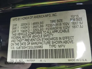 2016 Acura RDX Advance Pkg with VIN 5J8TB3H72GL009982, listed as a IAAI auction lot 41526743 with 155,910 mi miles. Bid and sale history available at carsss.com. Image 9.