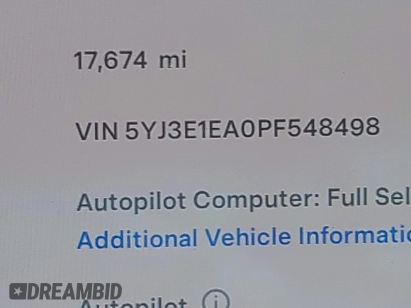 2023 Tesla Model 3 with VIN 5YJ3E1EA0PF548498, listed as a IAAI auction lot 42334326 with 17,674 mi miles and . Bid and sale history available at DreamBid. Image 16.
