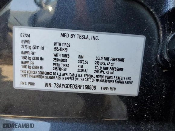 2024 Tesla Model Y with VIN 7SAYGDED3RF160506, listed as a Copart auction lot 53948515 with 0 mi miles and Non Repairable. Bid and sale history available at carsss.com. Image 13.