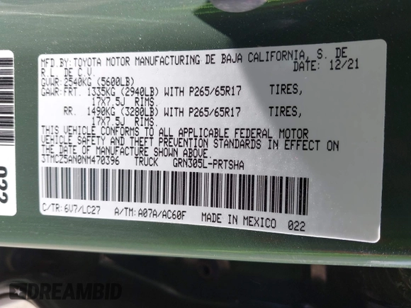 2022 Toyota Tacoma SR with VIN 3TMCZ5AN0NM470396, listed as a IAAI auction lot 41909515 with 35,997 mi miles and . Bid and sale history available at DreamBid. Image 9.