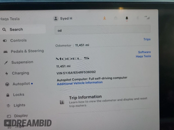2024 Tesla Model S with VIN 5YJSA1E54RF536092, listed as a Copart auction lot 85934334 with 11,451 mi miles and Salvage title. Bid and sale history available at DreamBid. Image 9.