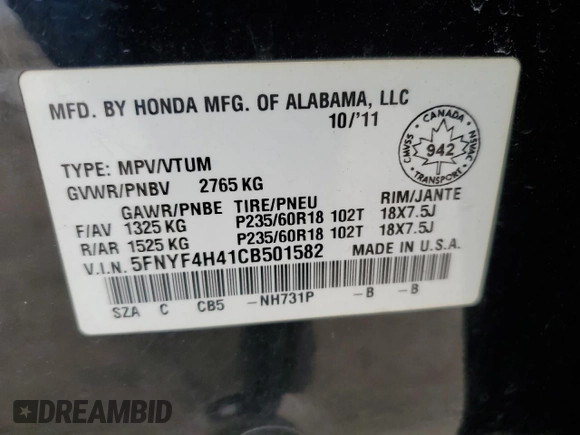 2012 Honda Pilot EX with VIN 5FNYF4H41CB501582, listed as a Copart auction lot 49396555 with 235,512 mi miles and Clean Title. Bid and sale history available at DreamBid. Image 13.