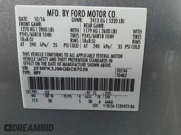 2016 Ford Edge SEL with VIN 2FMPK3J96GBC67039, listed as a Copart auction lot 48434045 with 180,790 mi miles and Clean Title. Bid and sale history available at carsss.com. Image 13.