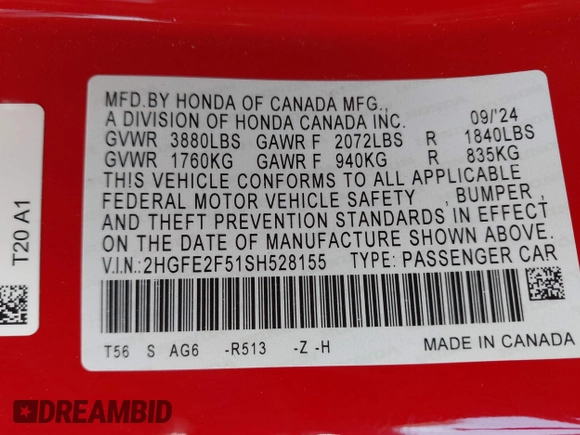 2025 Honda Civic Sport with VIN 2HGFE2F51SH528155, listed as a IAAI auction lot 42094578 with 6,403 mi miles and . Bid and sale history available at DreamBid. Image 9.