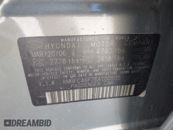 2006 Hyundai Azera SE with VIN KMHFC46F76A100535, listed as a IAAI auction lot 41969960 with 91,131 mi miles and . Bid and sale history available at DreamBid. Image 9.
