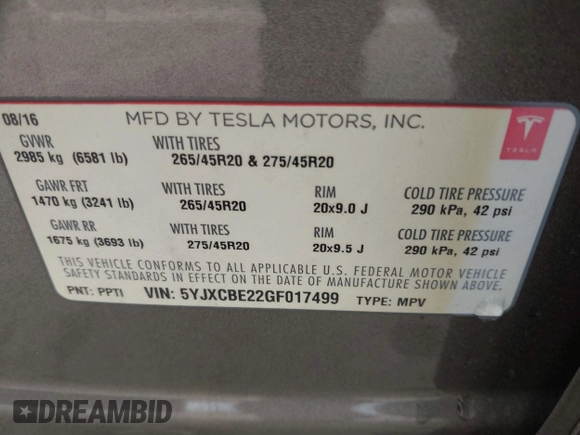 2016 Tesla Model X 70D with VIN 5YJXCBE22GF017499, listed as a IAAI auction lot 42192962 with 103,430 mi miles and . Bid and sale history available at DreamBid. Image 9.