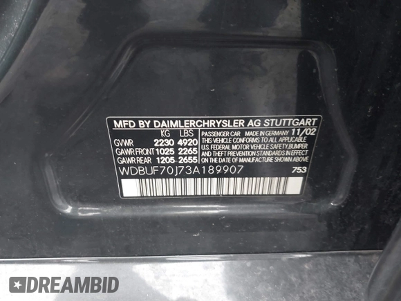 2003 Mercedes-Benz E 500 with VIN WDBUF70J73A189907, listed as a IAAI auction lot 41824651 with 126,466 mi miles and . Bid and sale history available at DreamBid. Image 9.
