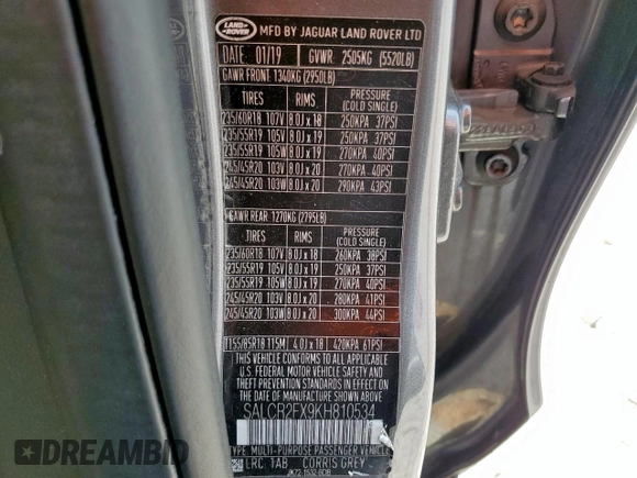 2019 Land Rover Discovery Sport HSE z VIN SALCR2FX9KH810534, wystawiony jako Copart lot #56041395 z przebiegiem 66 530 mil mil oraz Szkoda całkowita • Salvage title. Historia ofert i sprzedaży dostępna na DreamBid. Obrazek 13.