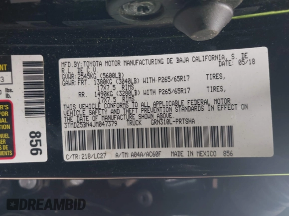 2018 Toyota Tacoma SR5 with VIN 3TMDZ5BN4JM047379, listed as a IAAI auction lot 39529466 with Not provided miles and . Bid and sale history available at DreamBid. Image 9.