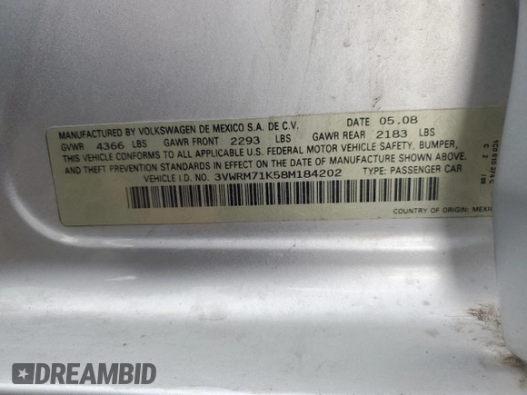2008 Volkswagen Jetta SE with VIN 3VWRM71K58M184202, listed as a Copart auction lot 58373365 with 150,137 mi miles and Salvage title. Bid and sale history available at DreamBid. Image 12.