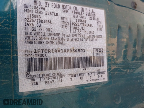 1994 Ford Ranger Splash z VIN 1FTCR14X1RPB54821, wystawiony jako IAAI lot #42386817 z przebiegiem 222 997 mil mil oraz . Historia ofert i sprzedaży dostępna na DreamBid. Obrazek 9.