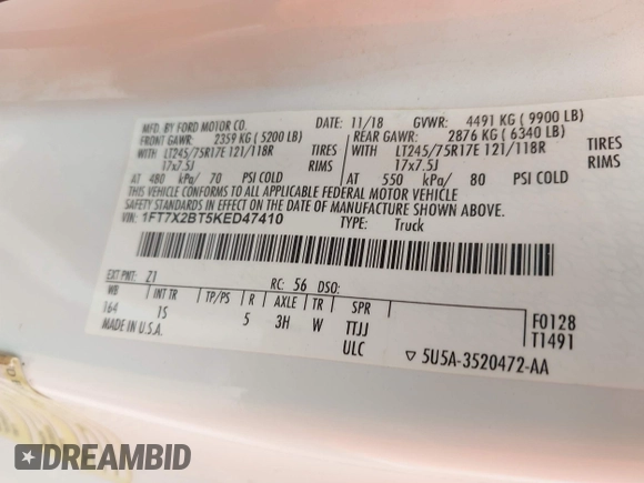 2019 Ford F-250 XL with VIN 1FT7X2BT5KED47410, listed as a IAAI auction lot 42553728 with 217,587 mi miles and . Bid and sale history available at DreamBid. Image 8.