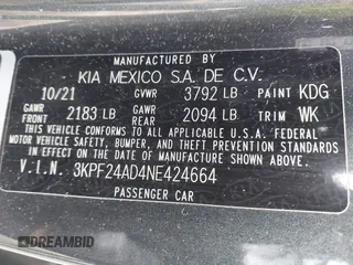 2022 Kia Forte LXS with VIN 3KPF24AD4NE424664, listed as a IAAI auction lot 41893278 with 67,090 mi miles. Bid and sale history available at carsss.com. Image 9.