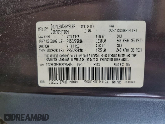 2005 Dodge Dakota SLT with VIN 1D7HE48N95S205605, listed as a Copart auction lot 44113325 with 206,391 mi miles and Salvage Title. Bid and sale history available at DreamBid. Image 14.