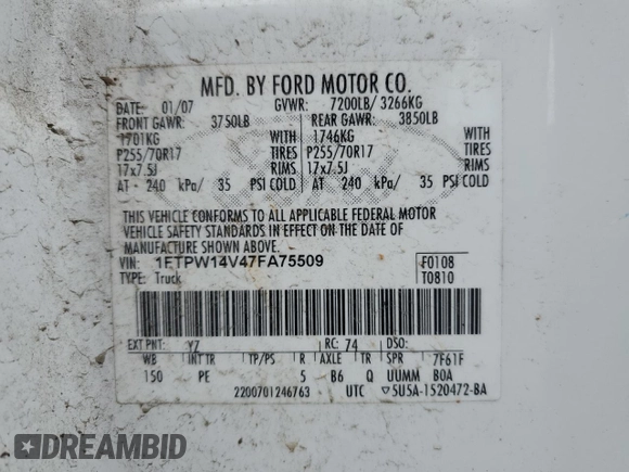2007 Ford F-150 XLT with VIN 1FTPW14V47FA75509, listed as a Copart auction lot 88808605 with 200,068 mi miles and Salvage Title. Bid and sale history available at DreamBid. Image 14.