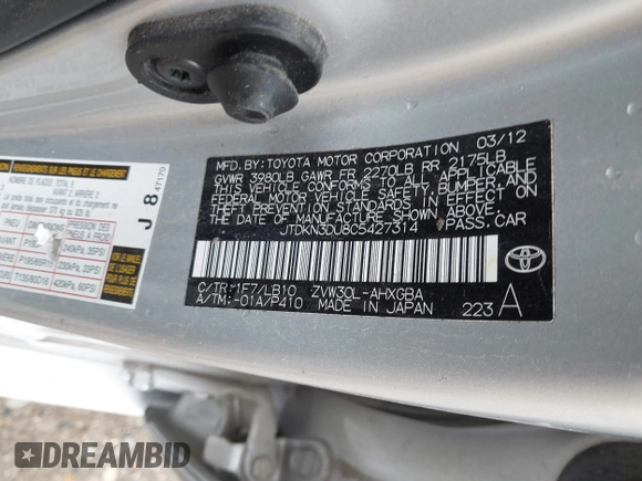 2012 Toyota Prius One z VIN JTDKN3DU8C5427314, wystawiony jako IAAI lot #40943665 z przebiegiem 56 044 mil mil oraz . Historia ofert i sprzedaży dostępna na DreamBid. Obrazek 9.
