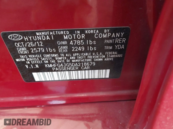 2013 Hyundai Azera with VIN KMHFG4JG5DA218679, listed as a IAAI auction lot 41889268 with Not Provided miles and . Bid and sale history available at DreamBid. Image 9.