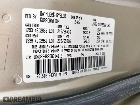 2005 Dodge Caravan SE с VIN 1D4GP24R25B314116, выставлен на аукционе Copart как лот 61596555 с пробегом 135 525 миль миль и Списание • Salvage title. История ставок и продаж доступна на DreamBid. Изображение 13.