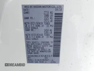 2018 Nissan Pathfinder S z VIN 5N1DR2MN1JC658317, wystawiony jako IAAI lot #42470838 z przebiegiem 54 743 mil mil oraz . Historia ofert i sprzedaży dostępna na DreamBid. Obrazek 9.