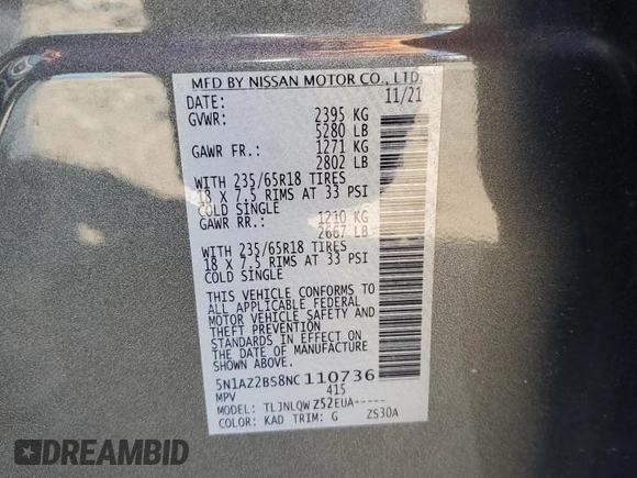 2022 Nissan Murano SV z VIN 5N1AZ2BS8NC110736, wystawiony jako Copart lot #48311945 z przebiegiem 61 160 mil mil oraz Szkoda całkowita • Salvage title. Historia ofert i sprzedaży dostępna na DreamBid. Obrazek 15.