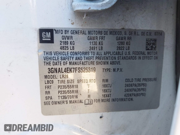 2015 Chevrolet Captiva Sport LTZ with VIN 3GNAL4EK7FS525319, listed as a IAAI auction lot 41845636 with 139,651 mi miles and . Bid and sale history available at DreamBid. Image 9.