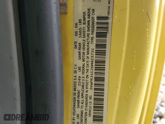 2006 Volkswagen Beetle with VIN 3VWPR31C26M423731, listed as a Copart auction lot 78546224 with 135,962 mi miles and Salvage Title. Bid and sale history available at DreamBid. Image 13.
