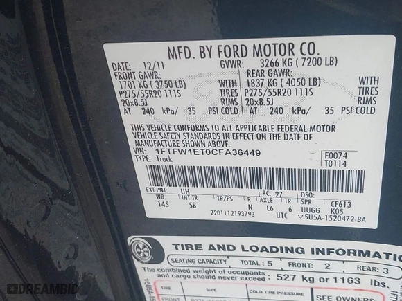 2012 Ford F-150 XL with VIN 1FTFW1ET0CFA36449, listed as a IAAI auction lot 41619176 with 136,076 mi miles. Bid and sale history available at carsss.com. Image 9.