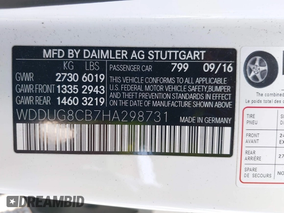 2017 Mercedes-Benz S 550 with VIN WDDUG8CB7HA298731, listed as a IAAI auction lot 41627247 with Not Provided miles and . Bid and sale history available at carsss.com. Image 9.