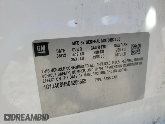 2012 Chevrolet Sonic LS z VIN 1G1JA6SH5C4208565, wystawiony jako Copart lot #56193405 z przebiegiem 53 236 mil mil oraz Szkoda całkowita • Salvage title. Historia ofert i sprzedaży dostępna na DreamBid. Obrazek 12.