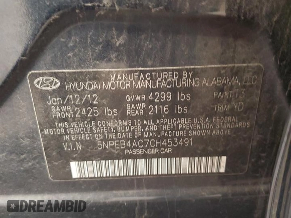 2012 Hyundai Sonata GLS with VIN 5NPEB4AC7CH453491, listed as a Copart auction lot 53613535 with 188,024 mi miles and Salvage Title. Bid and sale history available at carsss.com. Image 12.