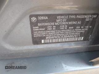 2011 BMW 3 Series 328i xDrive with VIN WBAPK5C53BA662971, listed as a IAAI auction lot 42876485 with 115,715 mi miles and . Bid and sale history available at DreamBid. Image 9.