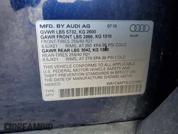 2018 Audi SQ5 Prestige with VIN WA1C4AFY8J2223987, listed as a Copart auction lot 70592134 with 39,435 mi miles and Salvage Title. Bid and sale history available at DreamBid. Image 15.