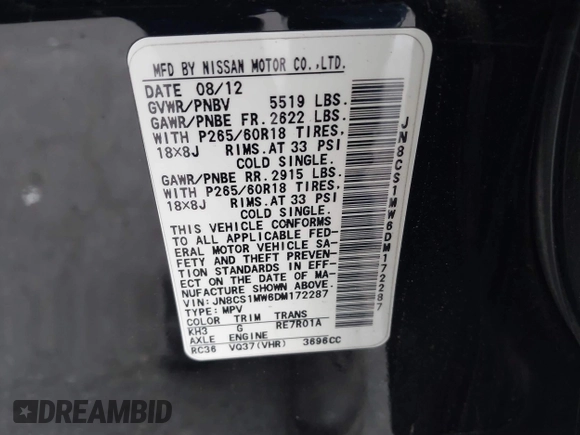 2013 Infiniti FX with VIN JN8CS1MW6DM172287, listed as a IAAI auction lot 42061588 with 112,689 mi miles and . Bid and sale history available at DreamBid. Image 9.