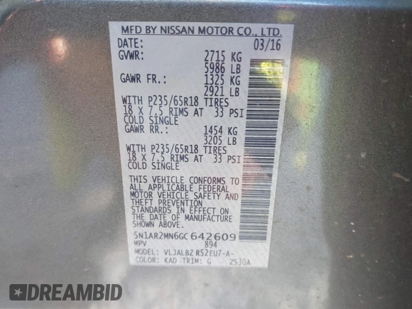 2016 Nissan Pathfinder Platinum with VIN 5N1AR2MN6GC642609, listed as a IAAI auction lot 41993008 with 204,435 mi miles. Bid and sale history available at carsss.com. Image 9.