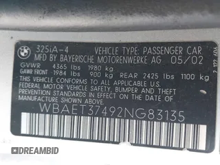 2002 BMW 3 Series 325i with VIN WBAET37492NG83135, listed as a IAAI auction lot 42028502 with 184,216 mi miles. Bid and sale history available at carsss.com. Image 9.