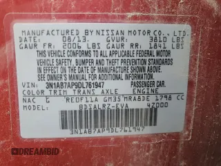 2013 Nissan Sentra SR with VIN 3N1AB7AP9DL761947, listed as a Copart auction lot 86168224 with 167,784 mi miles and Salvage Title. Bid and sale history available at DreamBid. Image 14.
