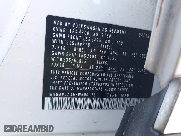 2015 Volkswagen Tiguan SE with VIN WVGAV7AX5FW600170, listed as a IAAI auction lot 41460660 with Not provided miles and . Bid and sale history available at DreamBid. Image 9.