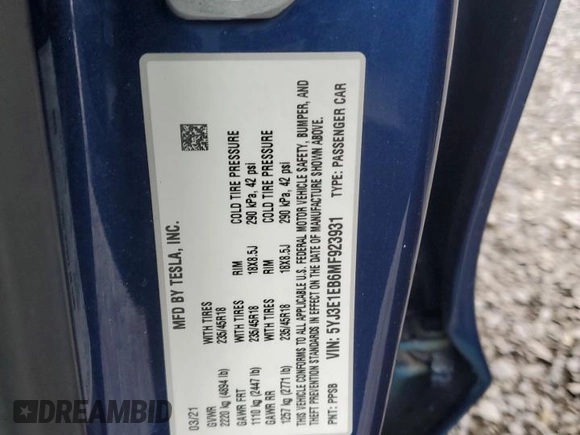 2021 Tesla Model 3 Long Range with VIN 5YJ3E1EB6MF923931, listed as a Copart auction lot 51829505 with 45,389 mi miles and Salvage Title. Bid and sale history available at carsss.com. Image 12.