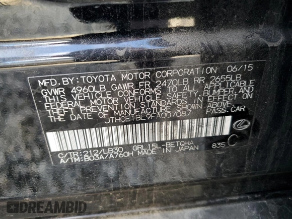 2015 Lexus GS 350 with VIN JTHCE1BL9FA007087, listed as a Copart auction lot 39426734 with 48,156 mi miles. Bid and sale history available at carsss.com. Image 13.